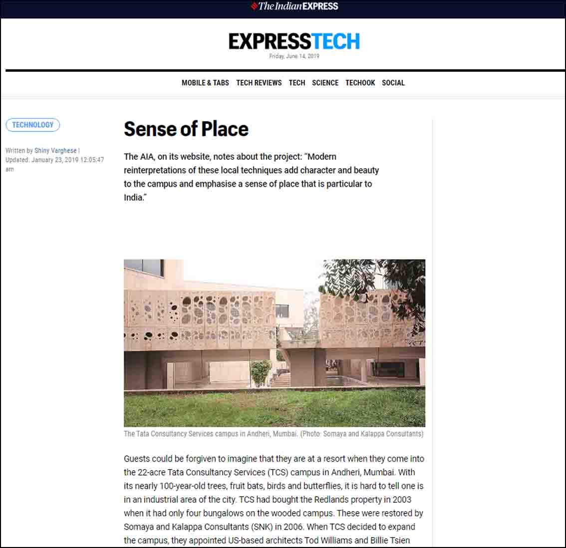 Sense of Place, The Indian Express - January 2019